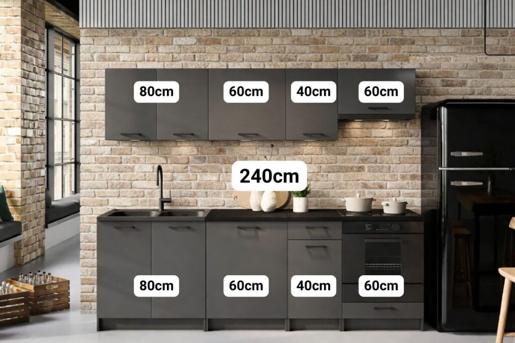Kitchen Cabinets 8 Unit Fitted Kitchenette with Sink Dark Grey Cupboards Black Worktop Complete 240cm Set - Lina