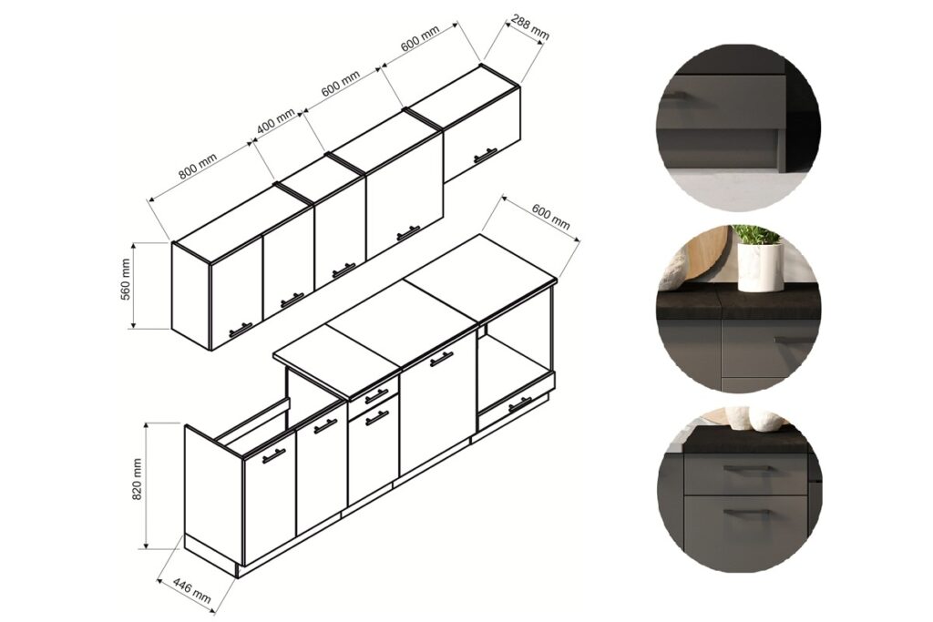 Kitchen Cabinets 8 Unit Fitted Kitchenette with Sink Dark Grey Cupboards Black Worktop Complete 240cm Set - Lina