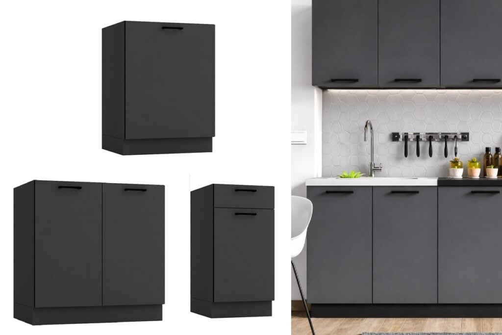 Kitchen Cabinets 7 Unit Kitchenette Black Worktop Dark Grey Cupboards Complete Fitted 240cm Set - Lina