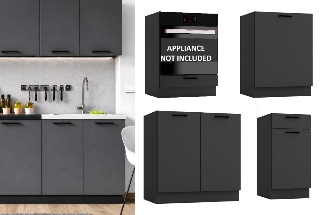 Kitchen Cabinets 8 Unit Fitted Kitchenette with Sink Dark Grey Cupboards Black Worktop Complete 240cm Set - Lina