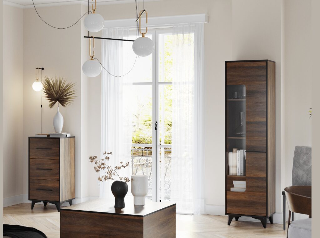 Chest of Drawers Tall Narrow 3 Drawer Storage Cabinet Black Legs Dark Oak Mid Century Modern Frida