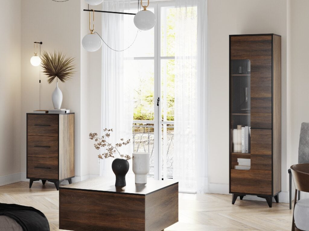 Chest of Drawers Tall Narrow 3 Drawer Storage Cabinet Black Legs Dark Oak Mid Century Modern Frida