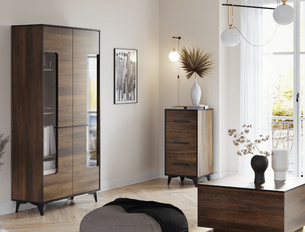 Chest of Drawers Tall Narrow 3 Drawer Storage Cabinet Black Legs Dark Oak Mid Century Modern Frida