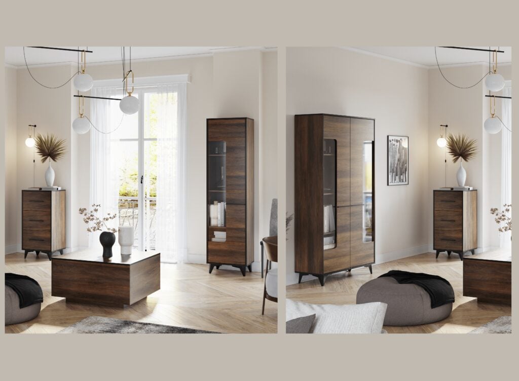 Chest of Drawers Tall Narrow 3 Drawer Storage Cabinet Black Legs Dark Oak Mid Century Modern Frida