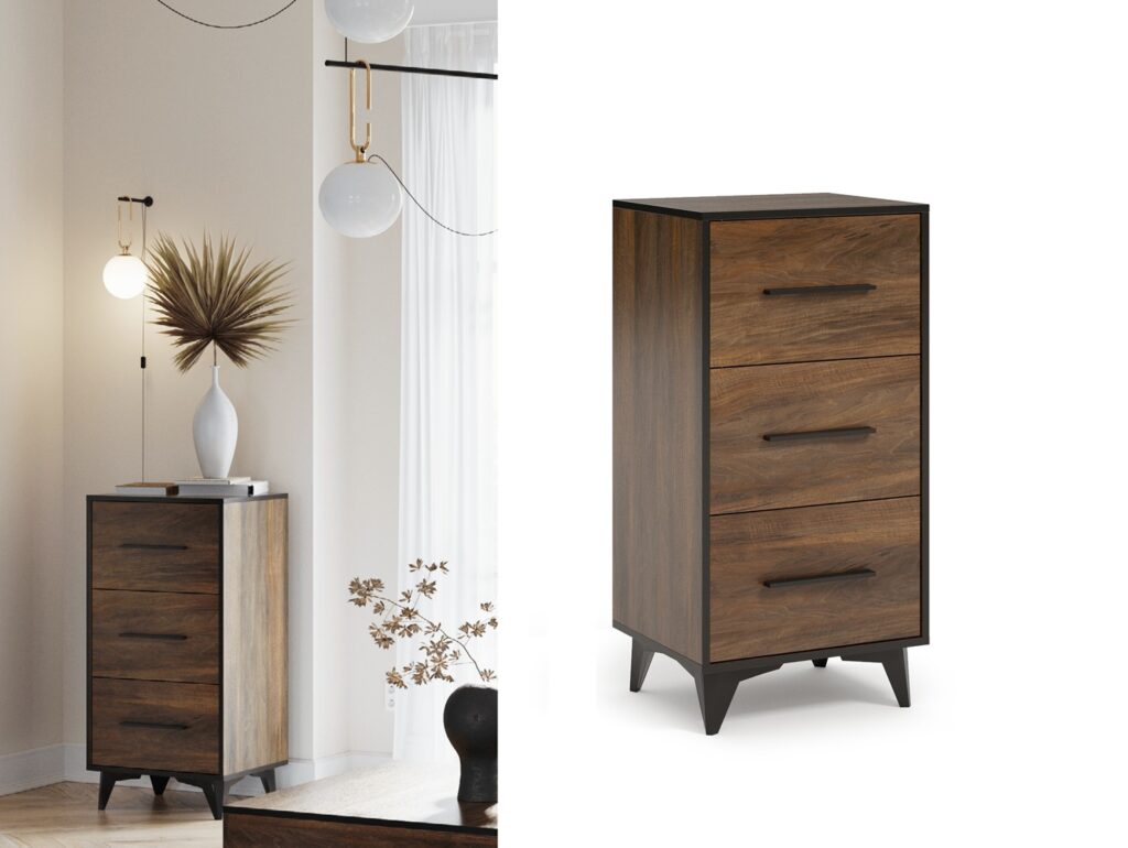 Chest of Drawers Tall Narrow 3 Drawer Storage Cabinet Black Legs Dark Oak Mid Century Modern Frida