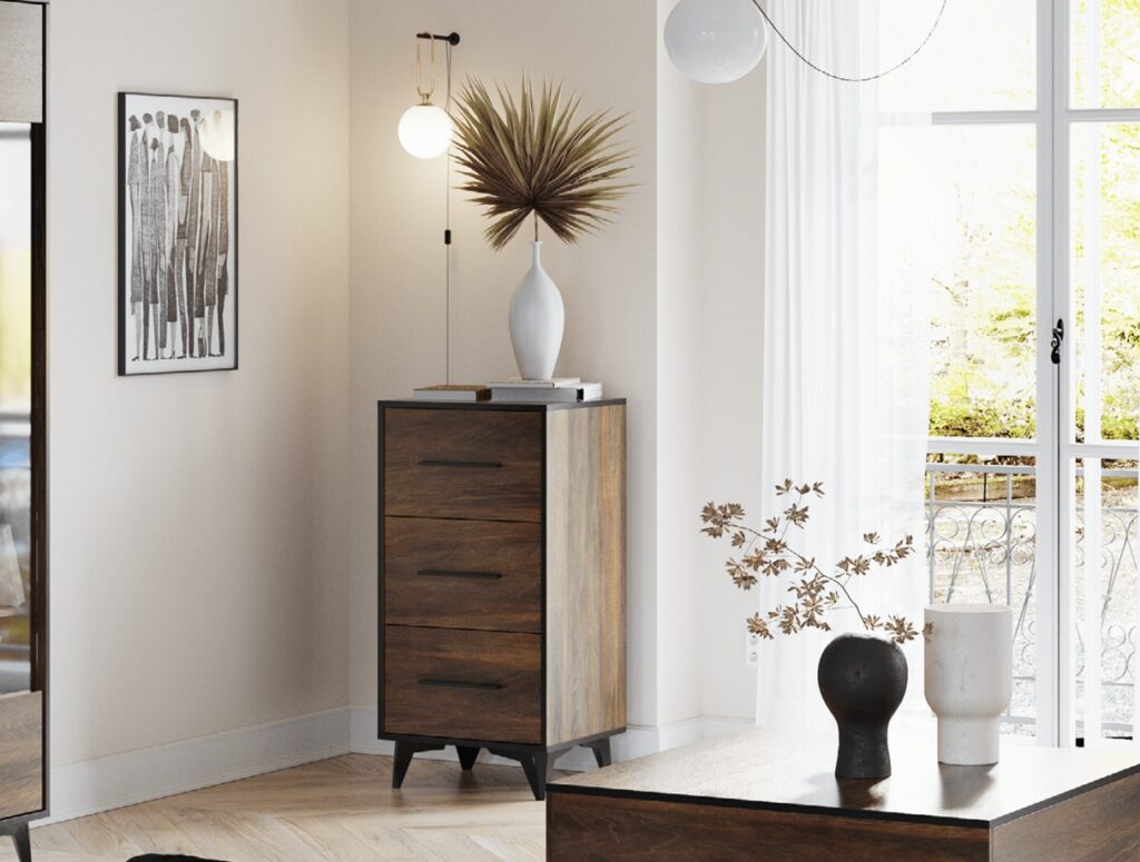 Chest of Drawers Tall Narrow 3 Drawer Storage Cabinet Black Legs Dark Oak Mid Century Modern Frida