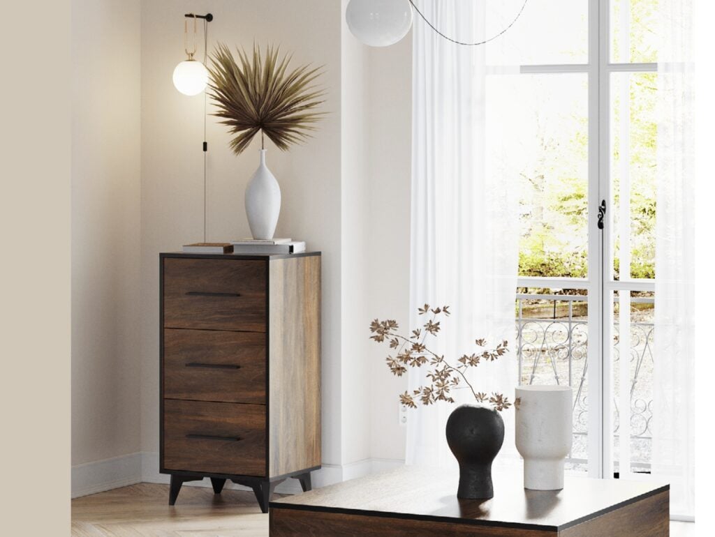 Chest of Drawers Tall Narrow 3 Drawer Storage Cabinet Black Legs Dark Oak Mid Century Modern Frida