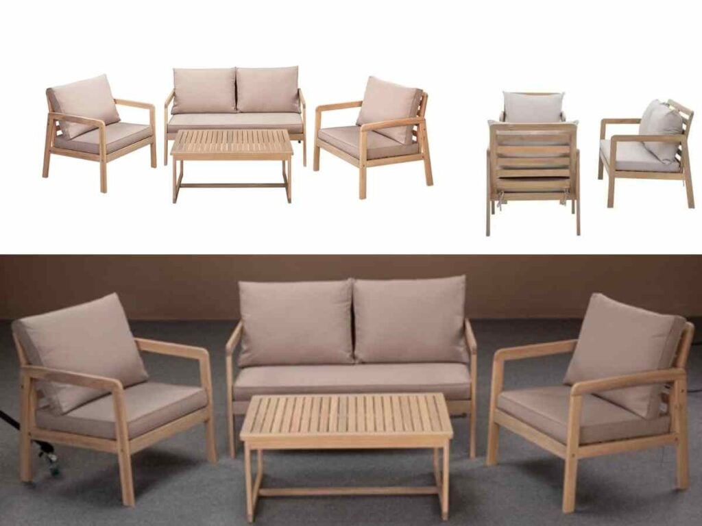 Wooden Garden Furniture Set Outdoor Lounge Sofa Chairs Coffee Table Beige Cushions Premium 4 Seater - Lido