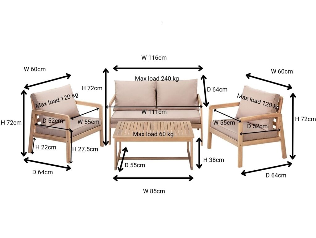 Wooden Garden Furniture Set Outdoor Lounge Sofa Chairs Coffee Table Beige Cushions Premium 4 Seater - Lido