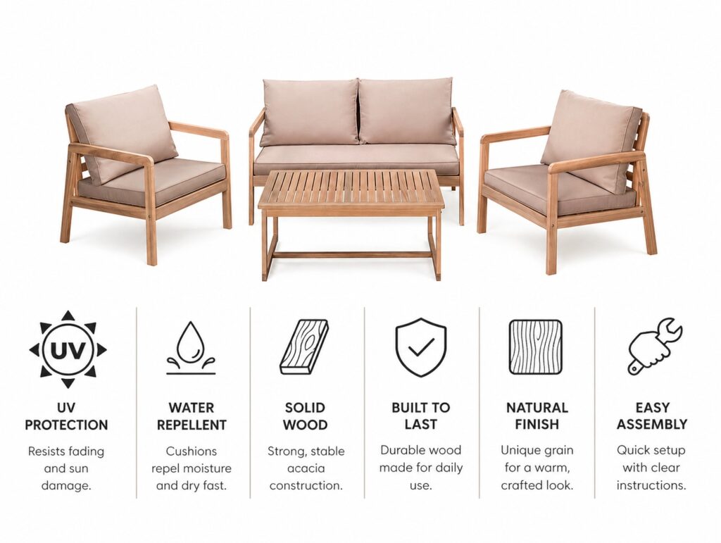 Wooden Garden Furniture Set Outdoor Lounge Sofa Chairs Coffee Table Beige Cushions Premium 4 Seater - Lido
