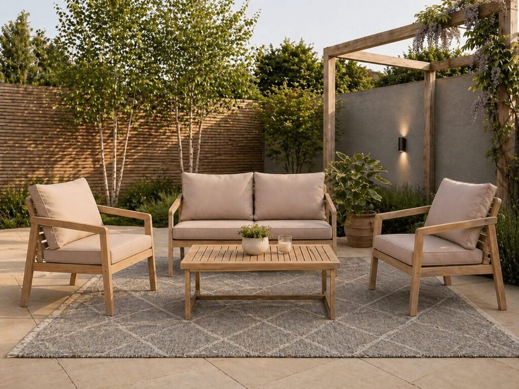 Wooden Garden Furniture Set Outdoor Lounge Sofa Chairs Coffee Table Beige Cushions Premium 4 Seater - Lido