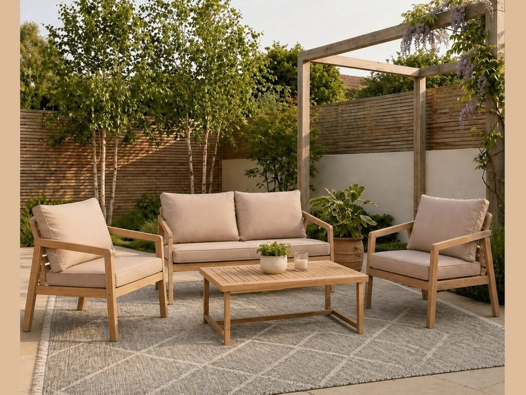 Wooden Garden Furniture Set Outdoor Lounge Sofa Chairs Coffee Table Beige Cushions Premium 4 Seater - Lido