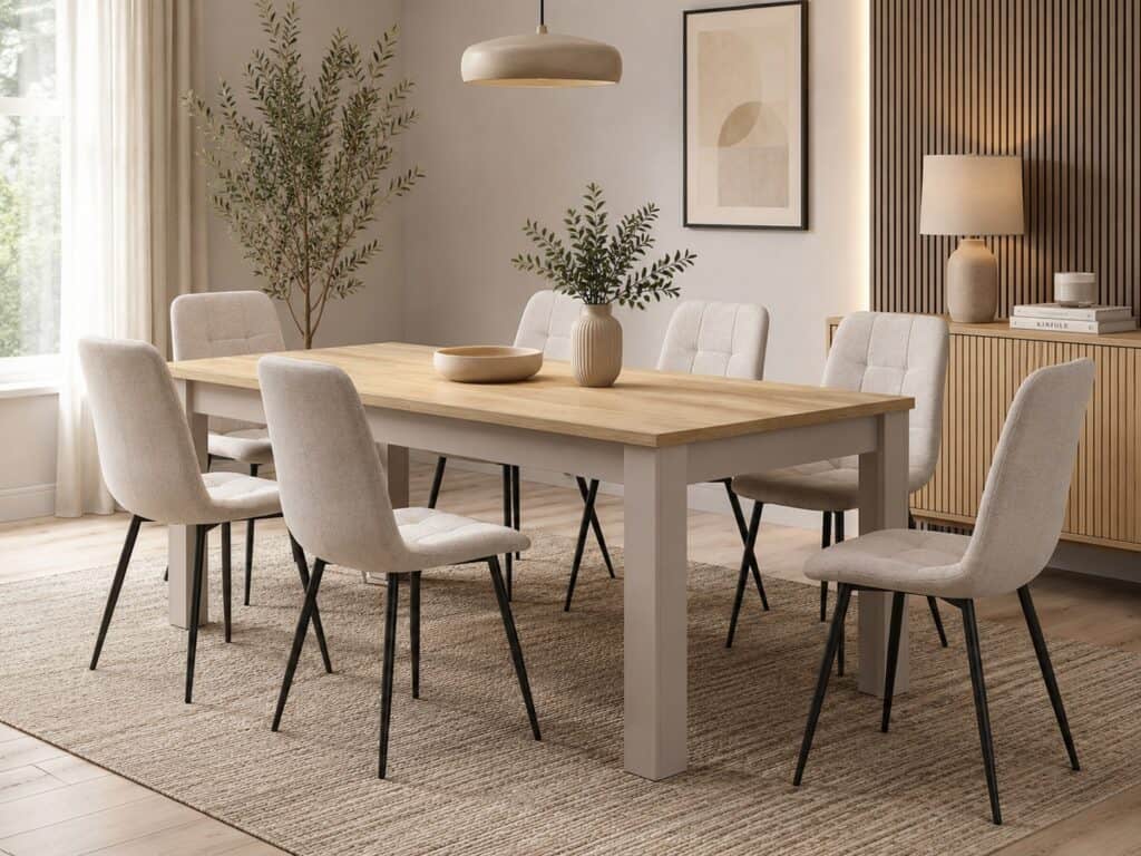 Dining Chair Beige Upholstered Kitchen Seating Soft Padded with Black Leg Frame - Jess