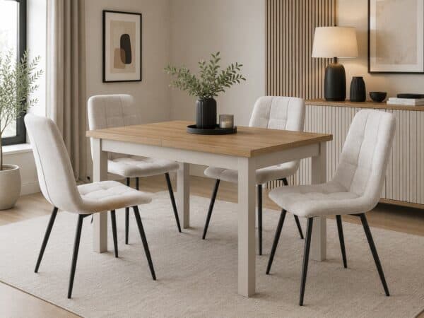 Compact dining table slim narrow design extendable 4 6 8 seater beige and light oak extending small kitchen table with beige chairs