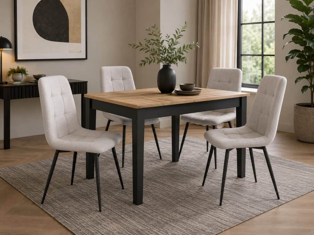 Dining Chair Beige Upholstered Kitchen Seating Soft Padded with Black Leg Frame - Jess