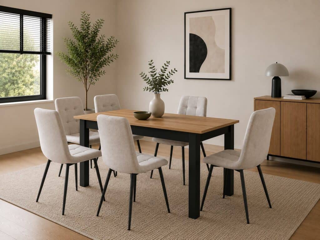 Dining Chair Beige Upholstered Kitchen Seating Soft Padded with Black Leg Frame - Jess