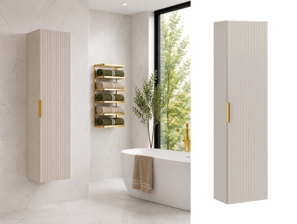 Tall Bathroom Storage Cabinet Wall Hung Beige Cashmere Slim Unit Ribbed Fluted 1 Door Floating Furniture - Adel
