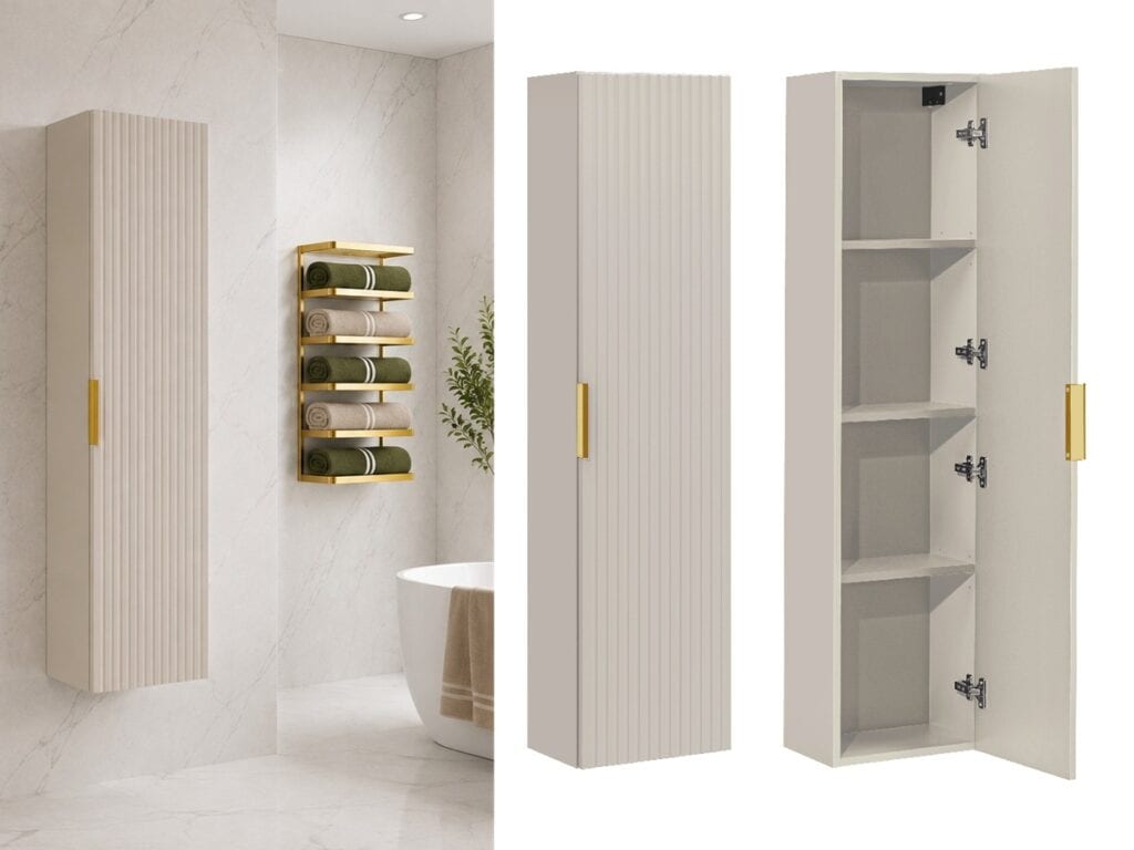 Tall Bathroom Storage Cabinet Wall Hung Beige Cashmere Slim Unit Ribbed Fluted 1 Door Floating Furniture - Adel