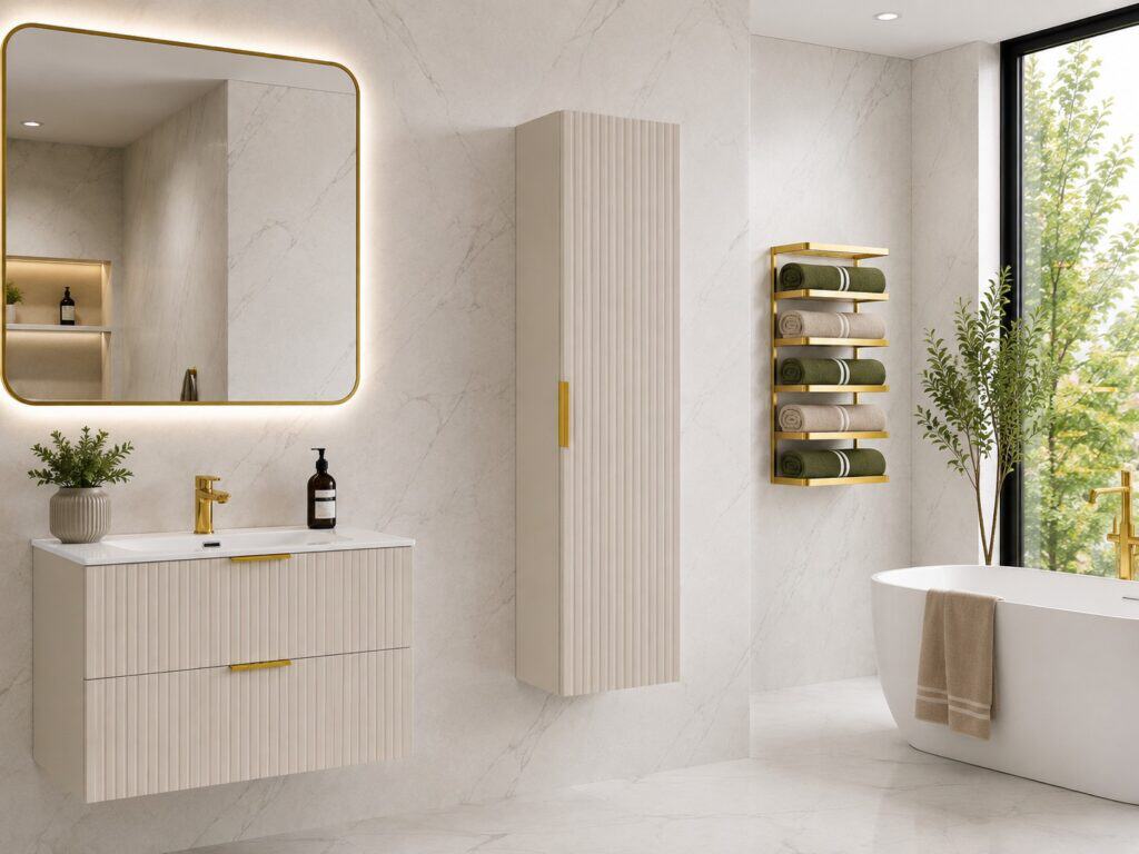 Tall Bathroom Storage Cabinet Wall Hung Beige Cashmere Slim Unit Ribbed Fluted 1 Door Floating Furniture - Adel