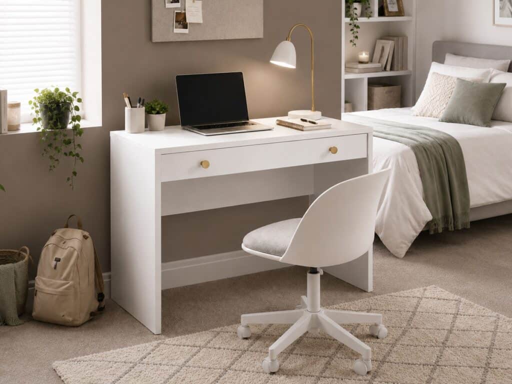 Small Desk for Bedroom White Narrow Slim Drawer Storage 90cm Compact Unit Gold Handles - Rel