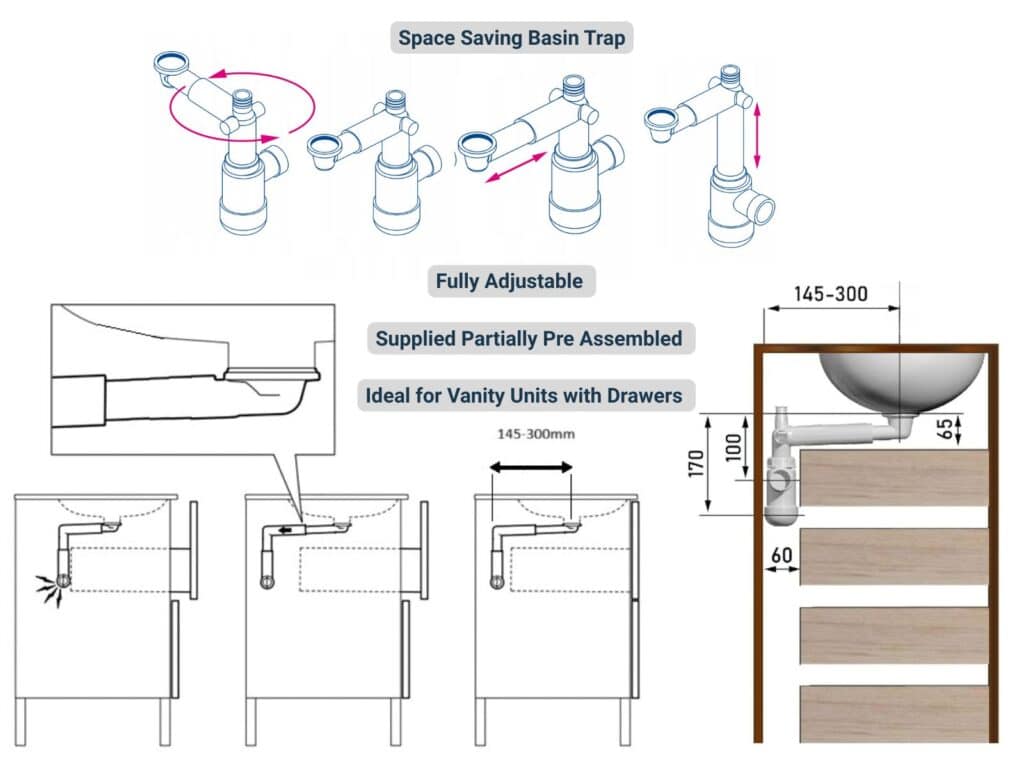 Space Saving Basin Trap Telescopic Waste Syphon Slimline Sink Plumb Kit - Preloc